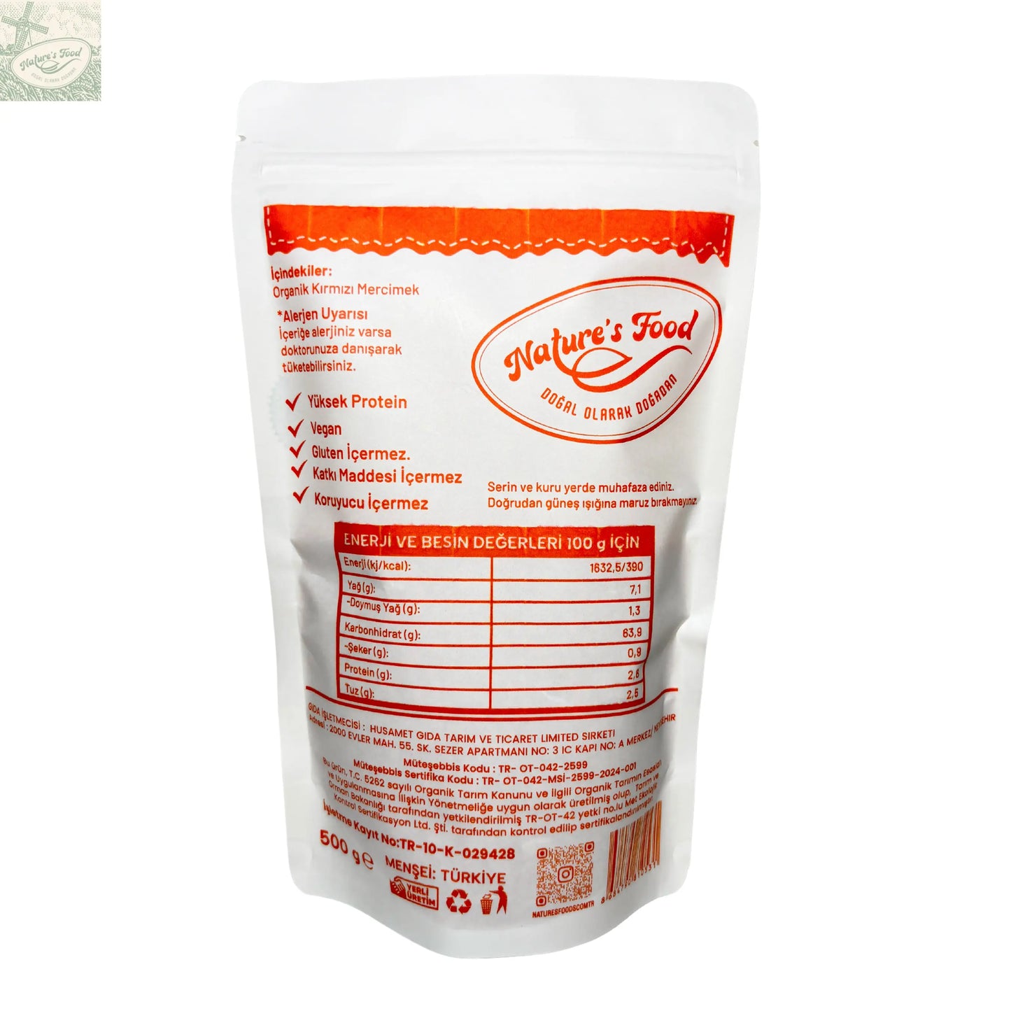 Organik Kırmızı Mercimek Nature's Food