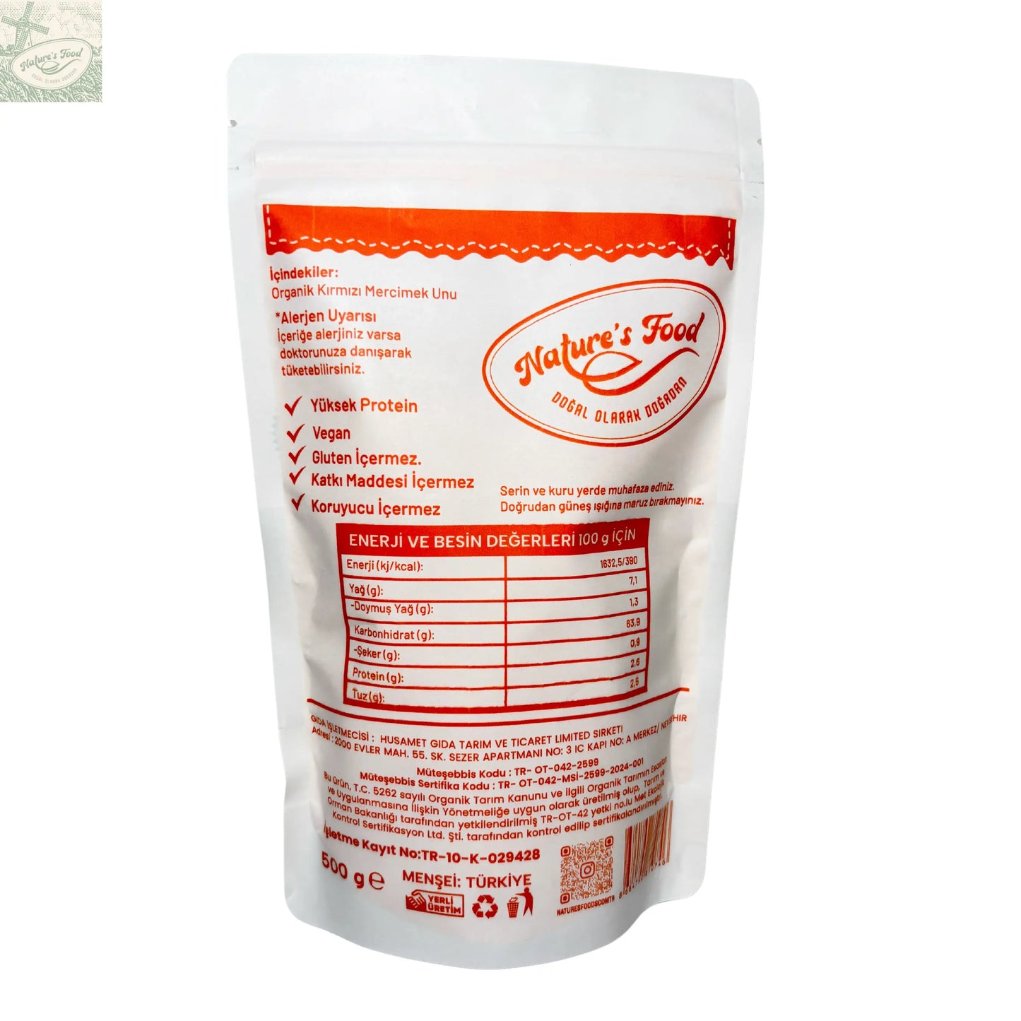 Organik Kırmızı Mercimek Unu Nature's Food